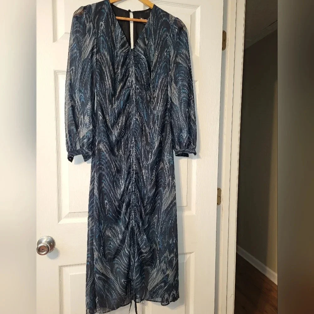 WHISTLES Blue‎ Wave Ruched Dress Size 4 Teal Black Long Sleeve Metallic Glam